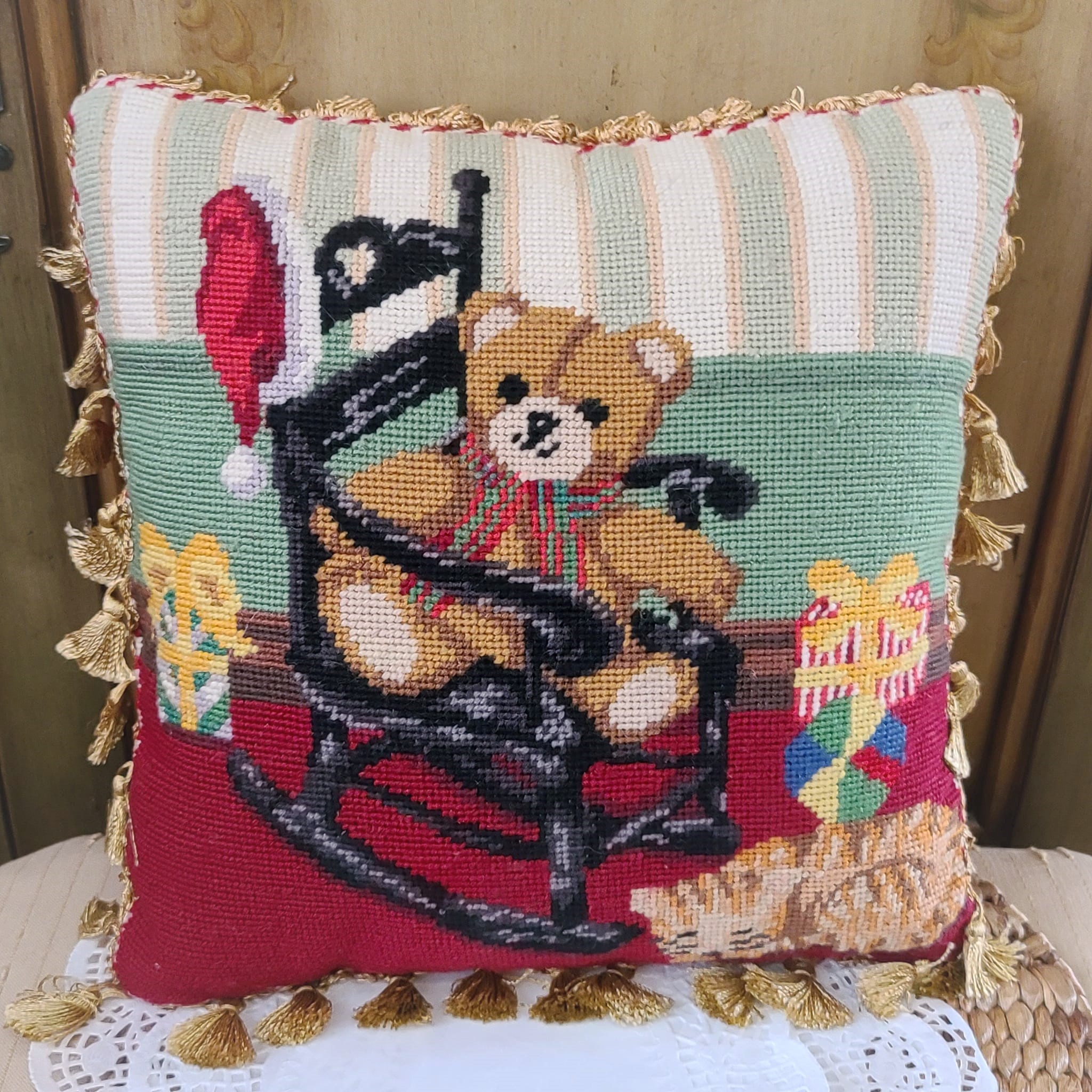 Needlepoint Christmas Bear on Rocking Chair Velvet Back Pillow