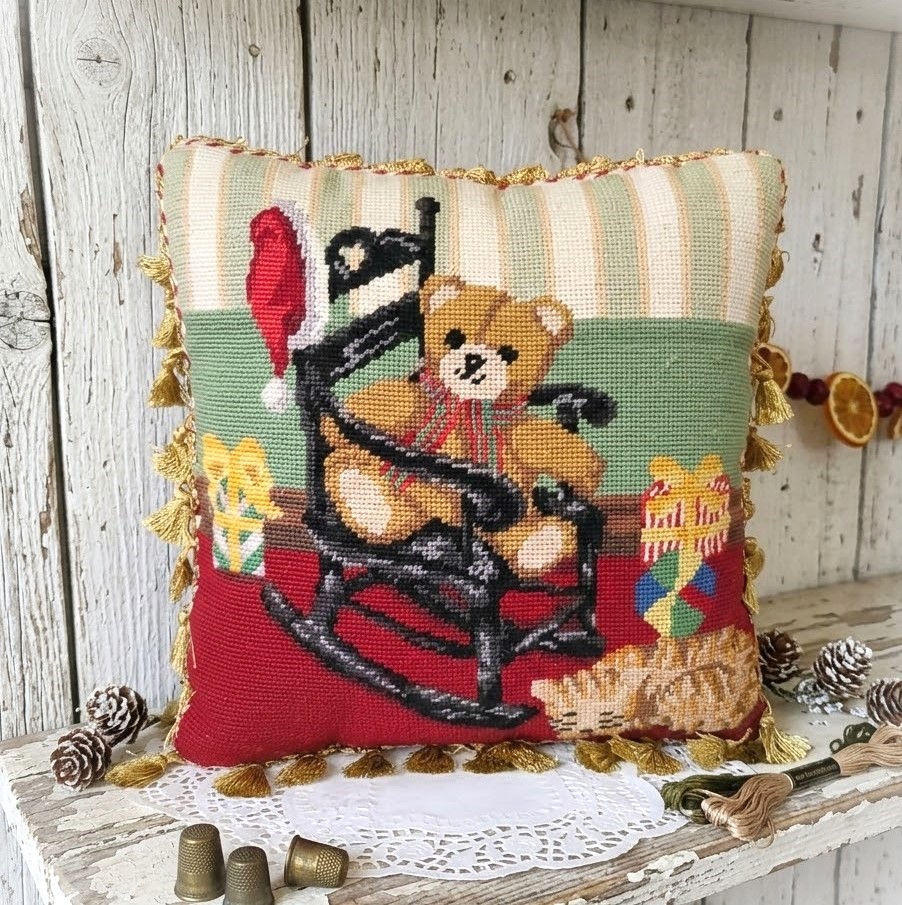 Needlepoint Christmas Bear on Rocking Chair Velvet Back Pillow