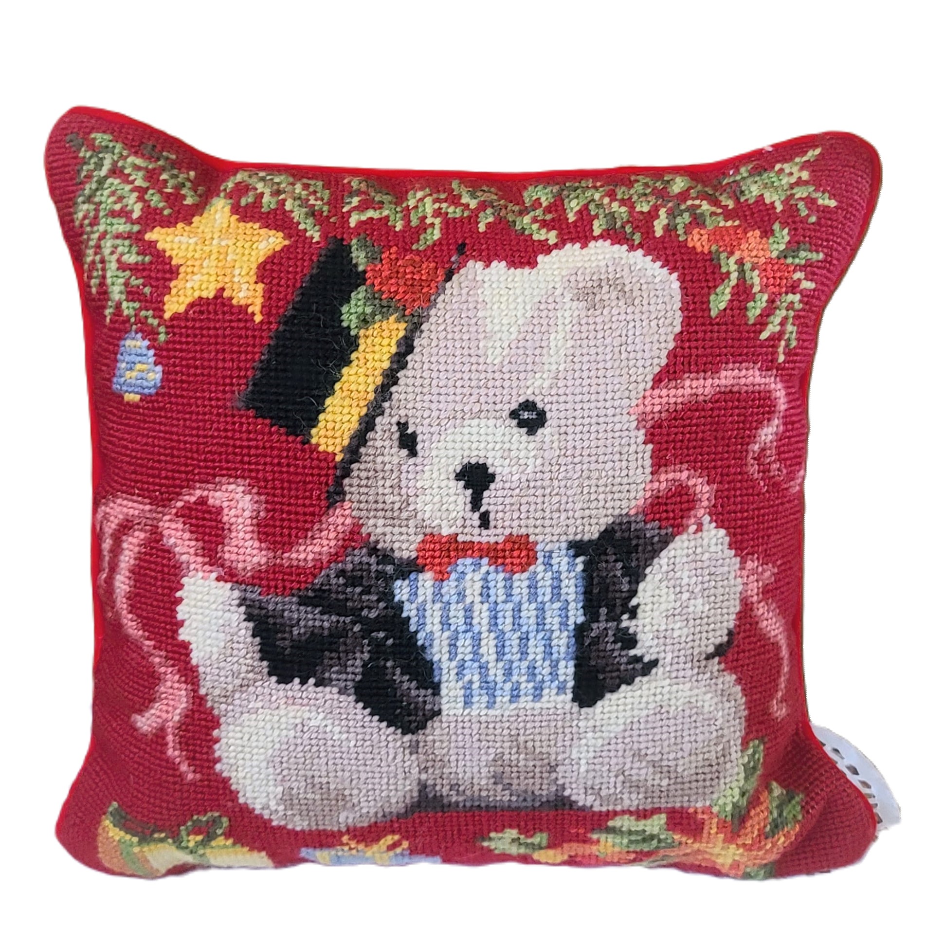 Needlepoint Christmas Bear with Top Hat Velvet Back Pillow