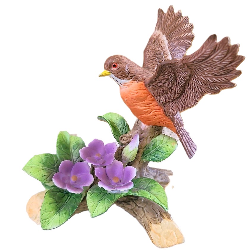 Porcelain Bird Figure on Tree Perch w/Flowers Taiwan - Click Image to Close