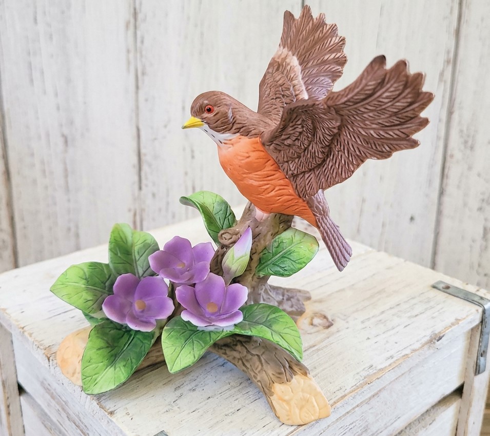 Porcelain Bird Figure on Tree Perch w/Flowers Signed Taiwan