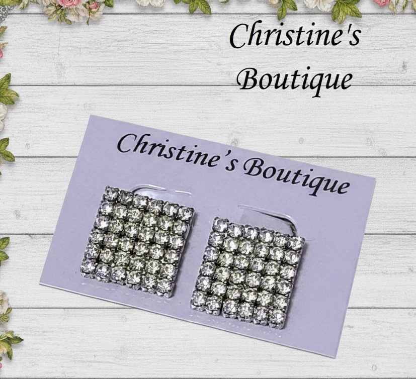 Rhinestone Square Earrings Clip Backs