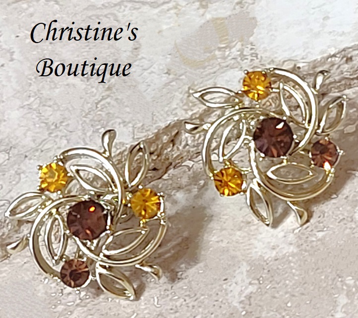 Amber colored rhinestone earrings, vintage, clip on earrings signed designer CORO