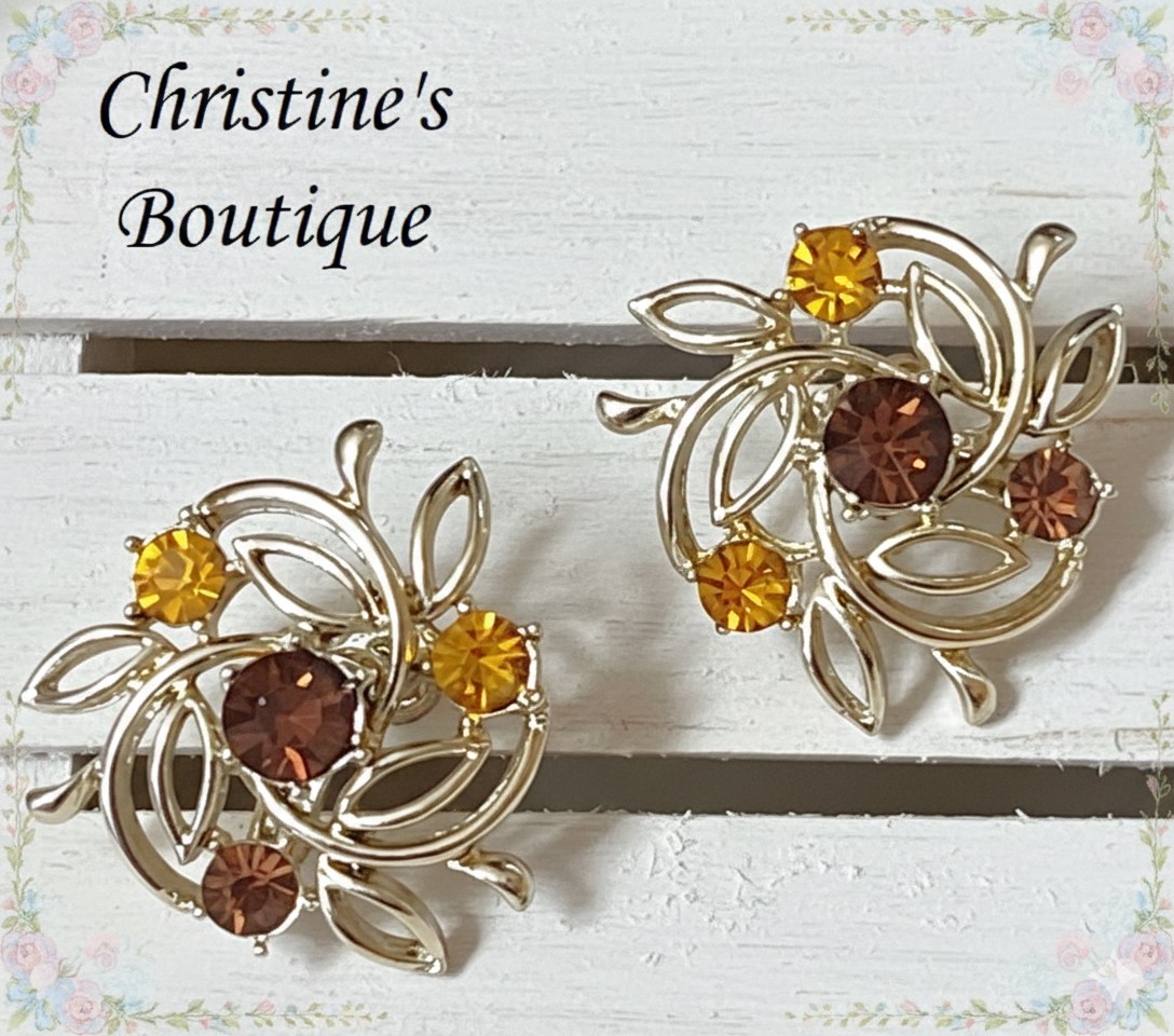 Amber colored rhinestone earrings, vintage, clip on earrings signed designer CORO