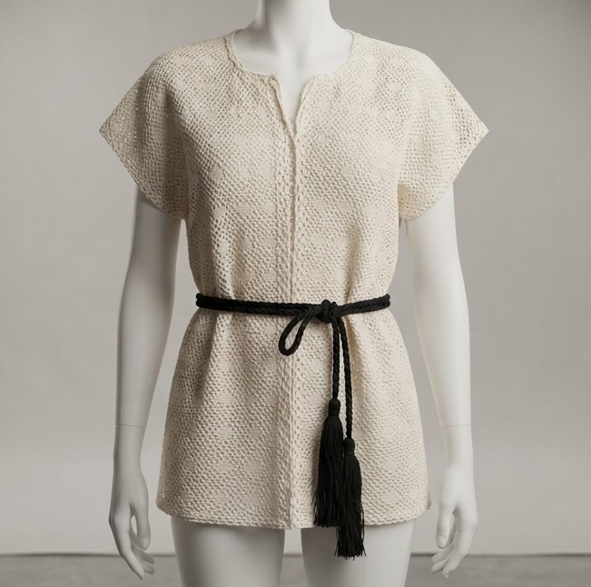Vintage Crochet Diamond Pattern Cardigan with Black Tassel Belt