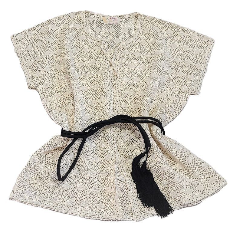 Vintage Crochet Diamond Pattern Cardigan with Black Tassel Belt