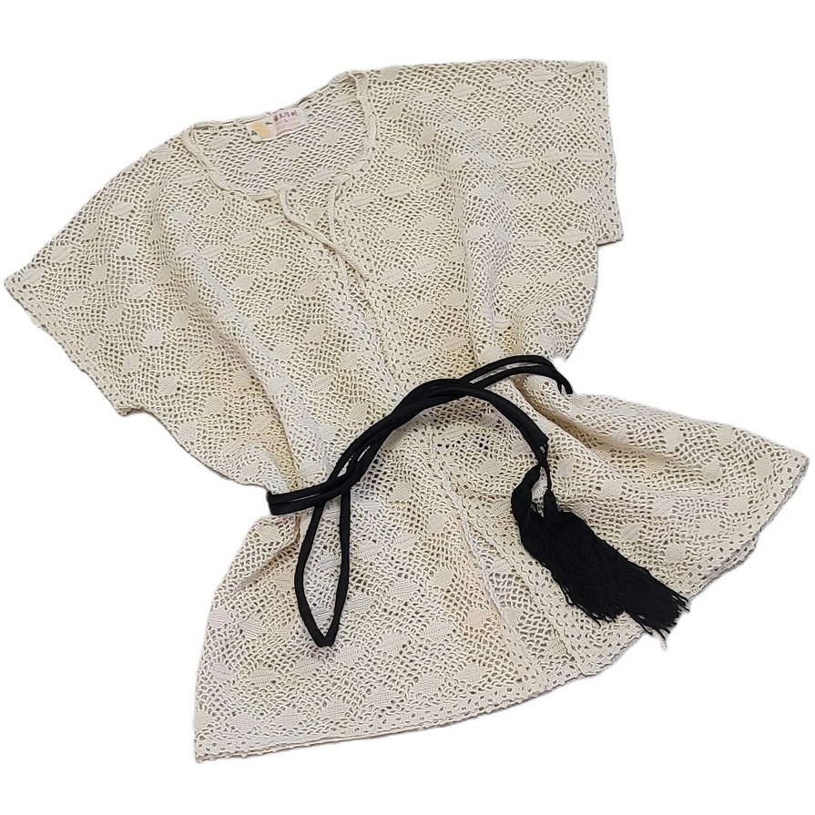 Vintage Crochet Diamond Pattern Cardigan with Black Tassel Belt
