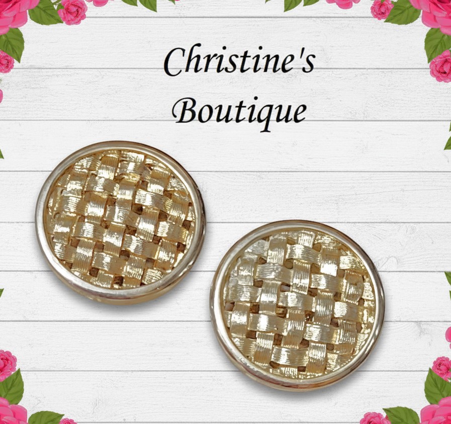 Basketweave button earrinngs, vintage clip ons, signed designer Sarah Coventry
