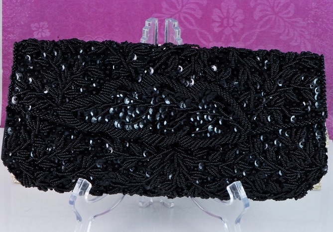 Black Sequin and Bead Clutch Purse Vintage New in Box