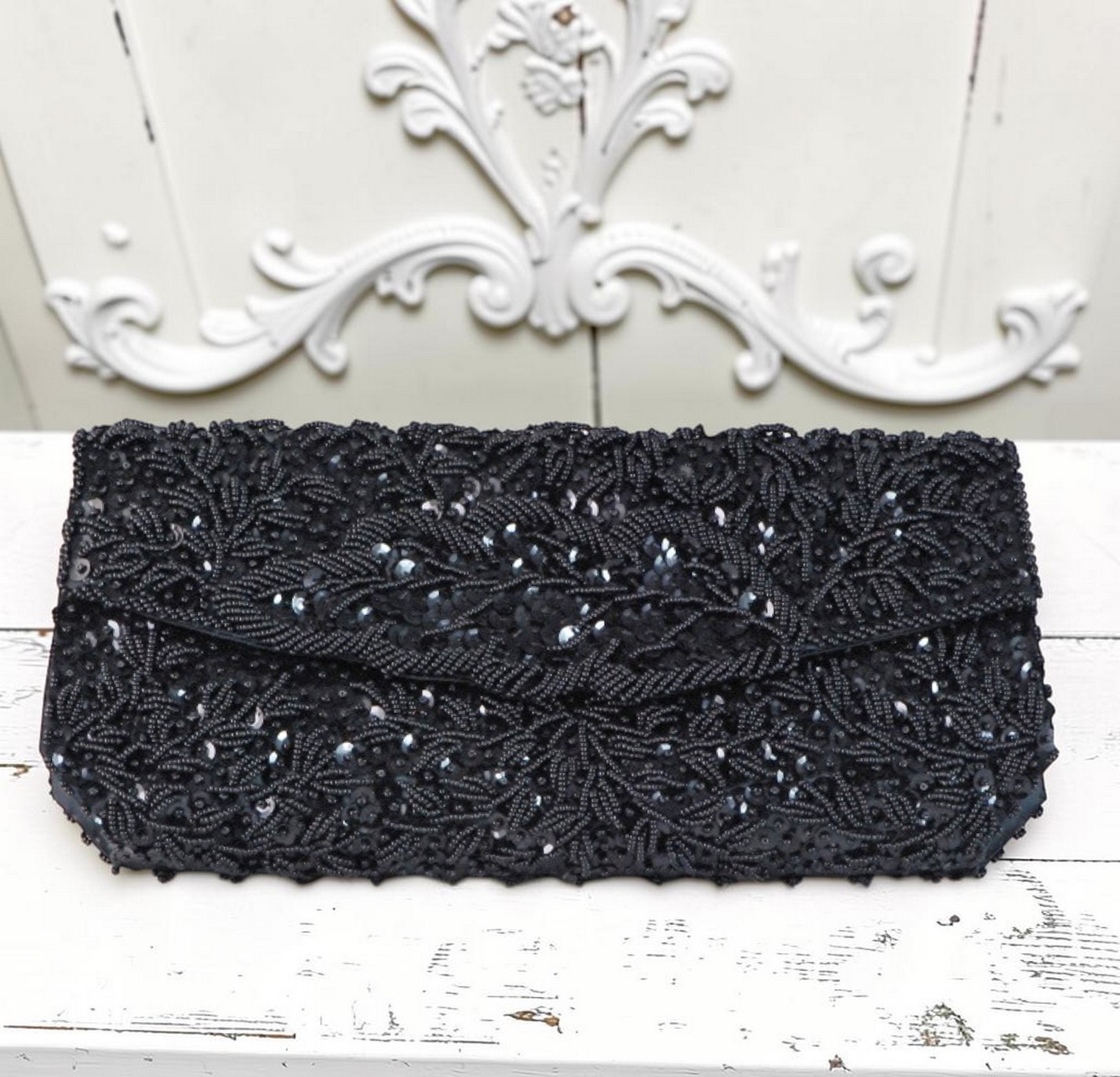 La Regale vintage beaded black purse clutch in original box
