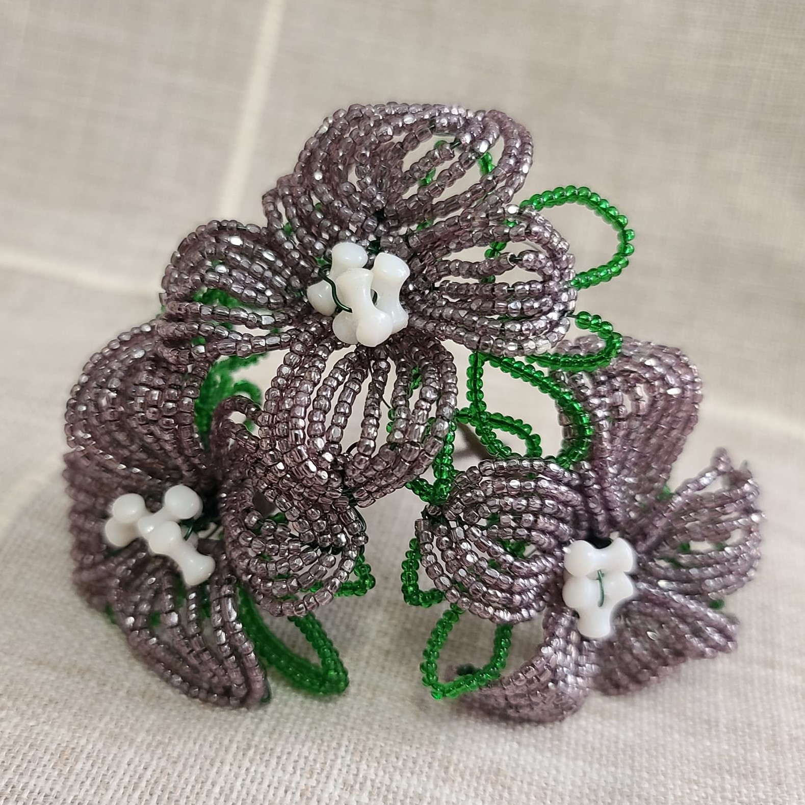 Hand crafted Iridescent Glass Seed Bead Flowers Set of 3