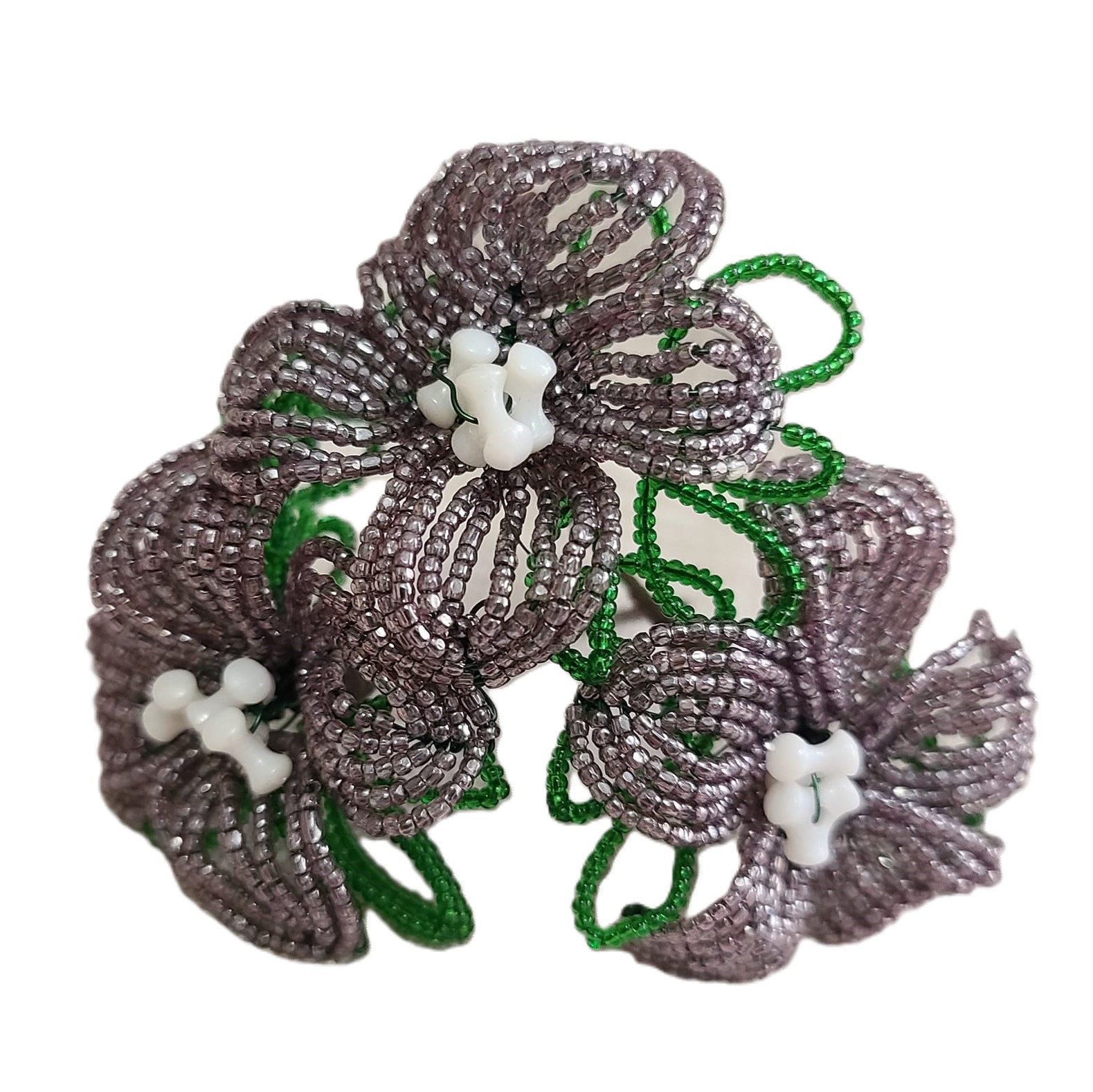 Hand crafted Iridescent Glass Seed Bead Flowers Set of 3