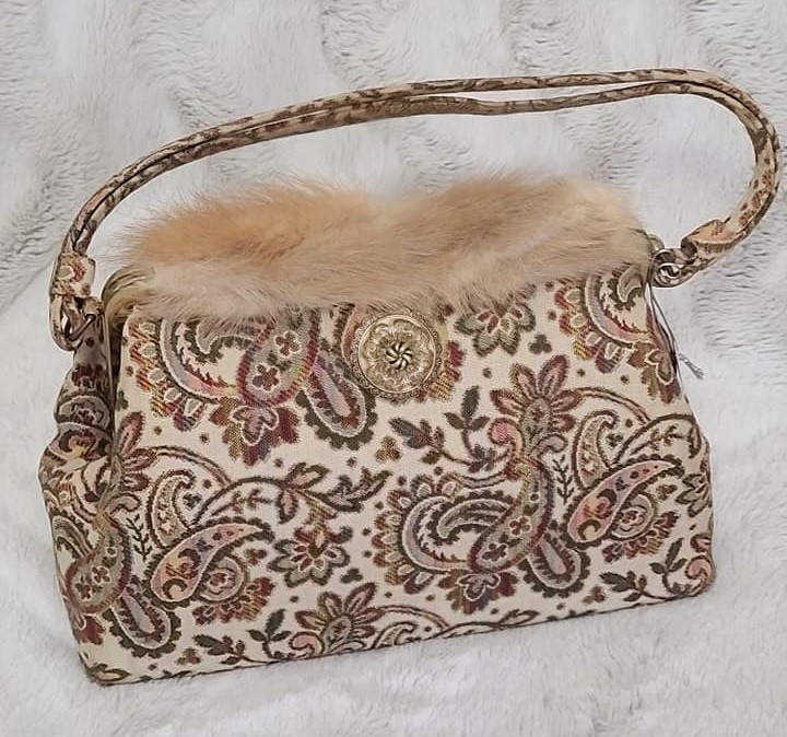 Mink Fur & Tapestry Vintage Handbag - Click Image to Close