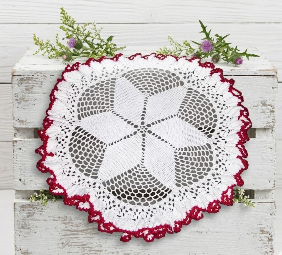 Vintage Doily White and Red Ruffled Trim