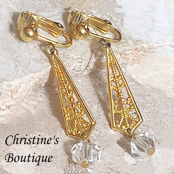 Art Deco Look Chandelier Goldtone & Crystal Earrings Clip Ons