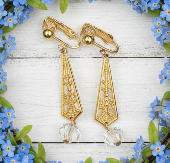 Art Deco Look Chandelier Goldtone & Crystal Earrings Clip Ons