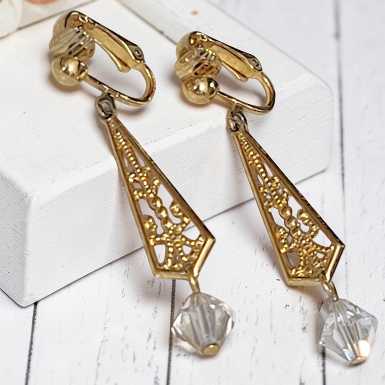 Art Deco Look Chandelier Goldtone & Crystal Earrings Clip Ons