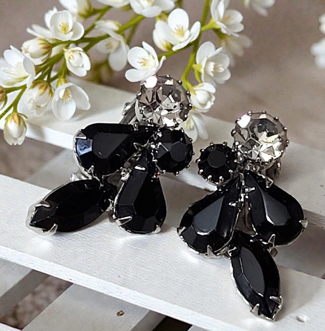 Black rhinestone earrings, vintage, signed designer WEISS