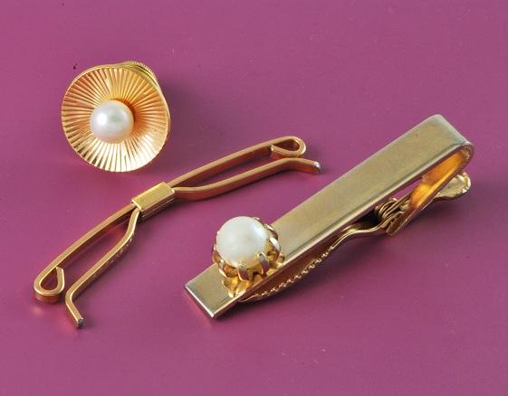 Set of 3 Tie Clips and Tie Tack w/ Pearl Accents
