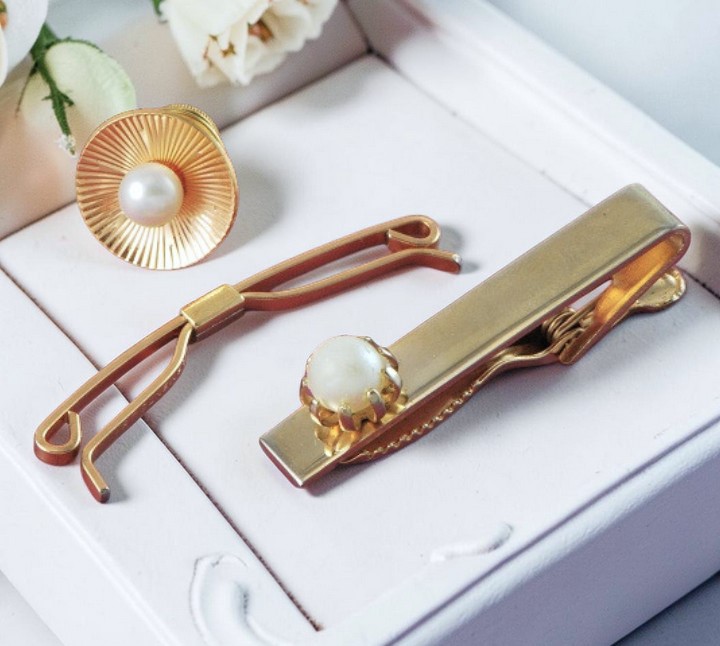 Set of 3 Tie Clips and Tie Tack w/ Pearl Accents