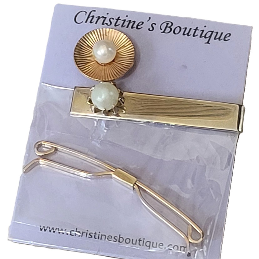 Set of 3 Tie Clips and Tie Tack w/ Pearl Accents - Click Image to Close