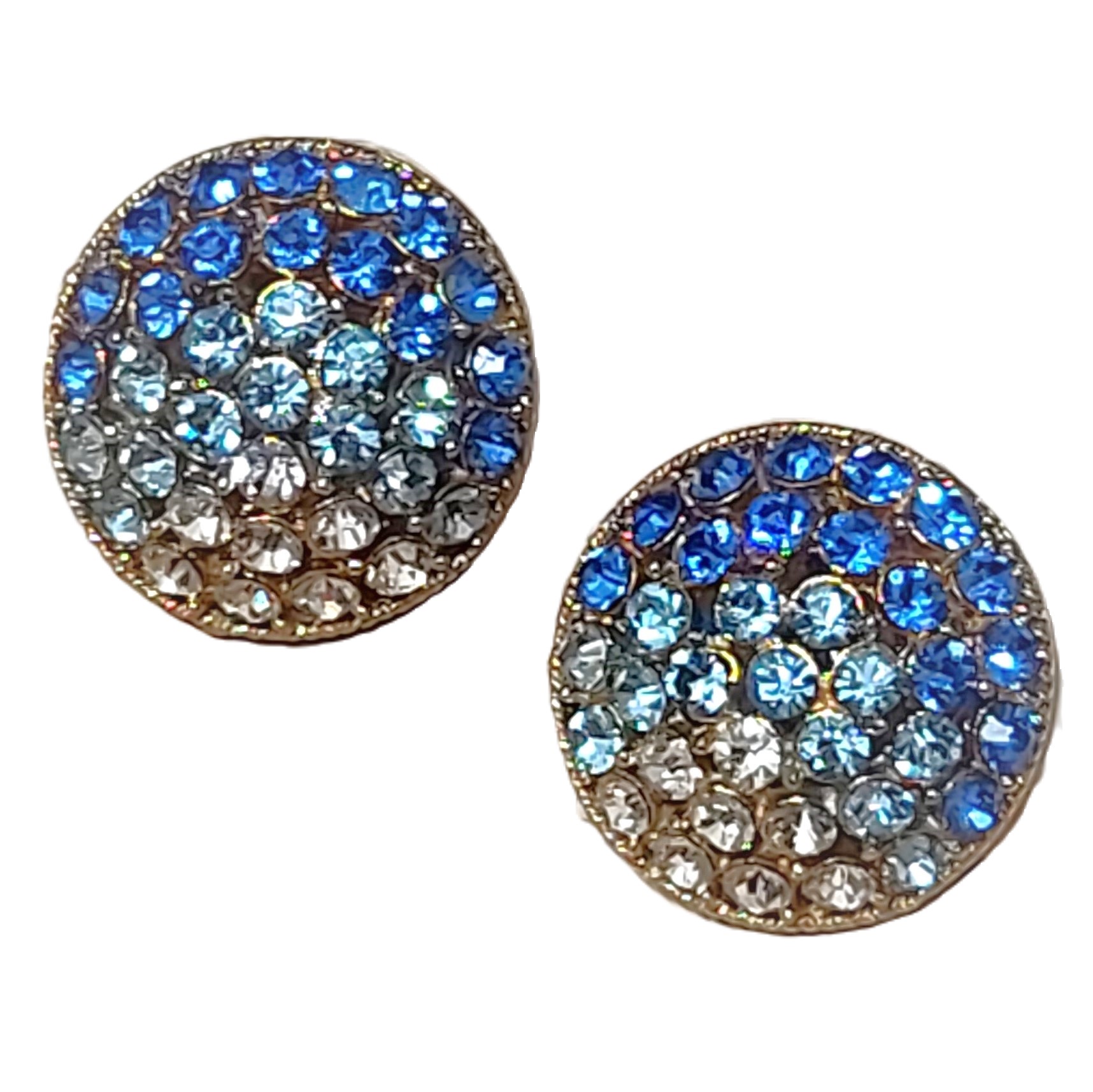 Blue ombre rhinestone earrings, vintage clip ons signed marked Pat2733491 - Click Image to Close