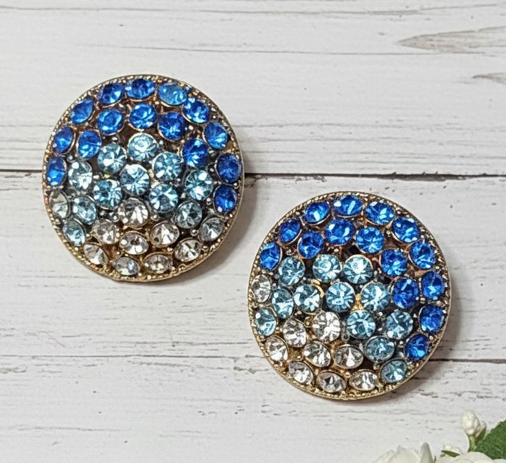 Blue ombre rhinestone earrings, vintage clip ons signed marked Pat2733491