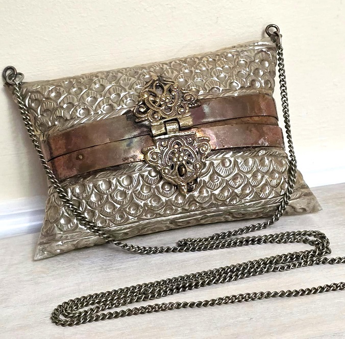 Vintage hard case purse, copper accents, metal purse, ethnic purse, hard cased purse with chain strap