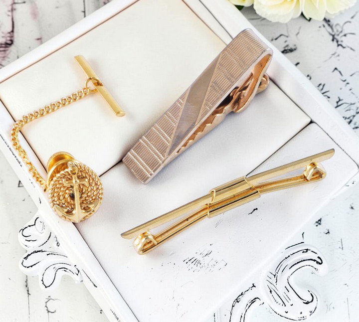 Set of 3 Goldtone Tie Clips and Tie Tack