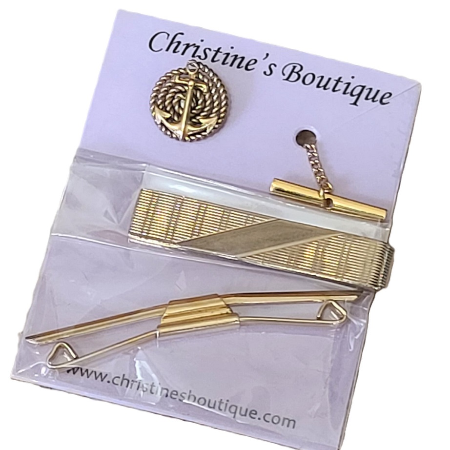 Set of 3 Goldtone Tie Clips and Tie Tack