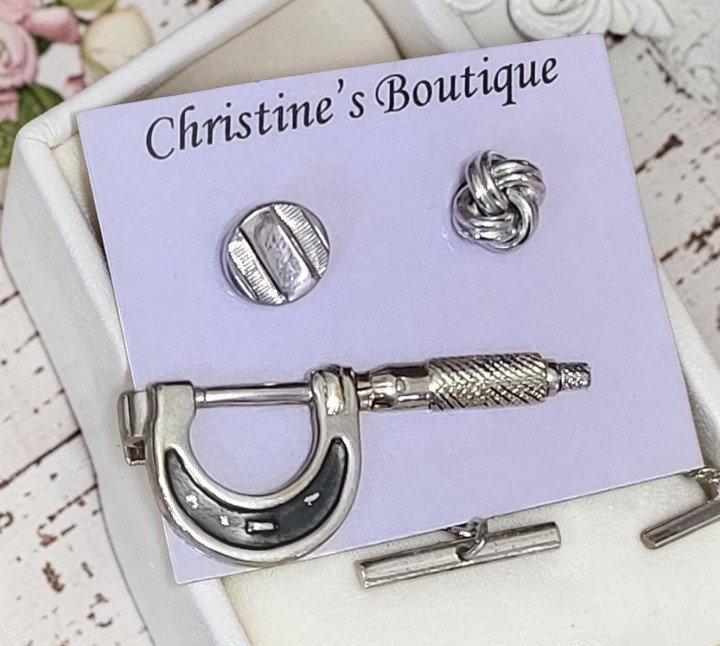 Set of 3 Silver Tone Tie Clip Good Luck Horseshoe & Tie Tacks