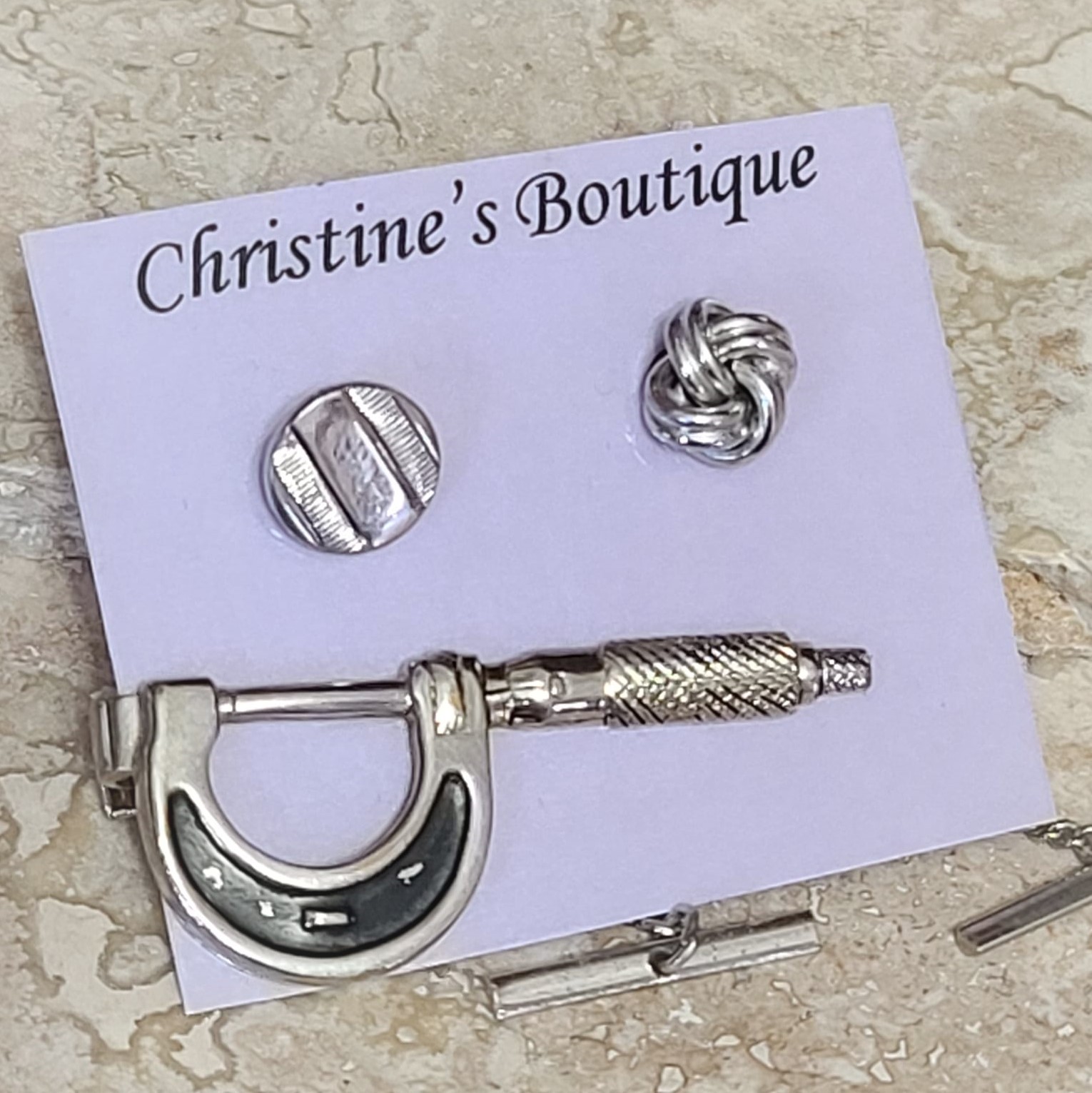 Set of 3 Silver Tone Tie Clip Good Luck Horseshoe & Tie Tacks - Click Image to Close