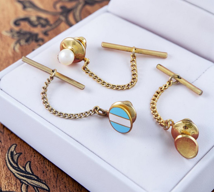 Set of 3 Goldtone Tie Tacks Pearl Blue Enamel & Oval
