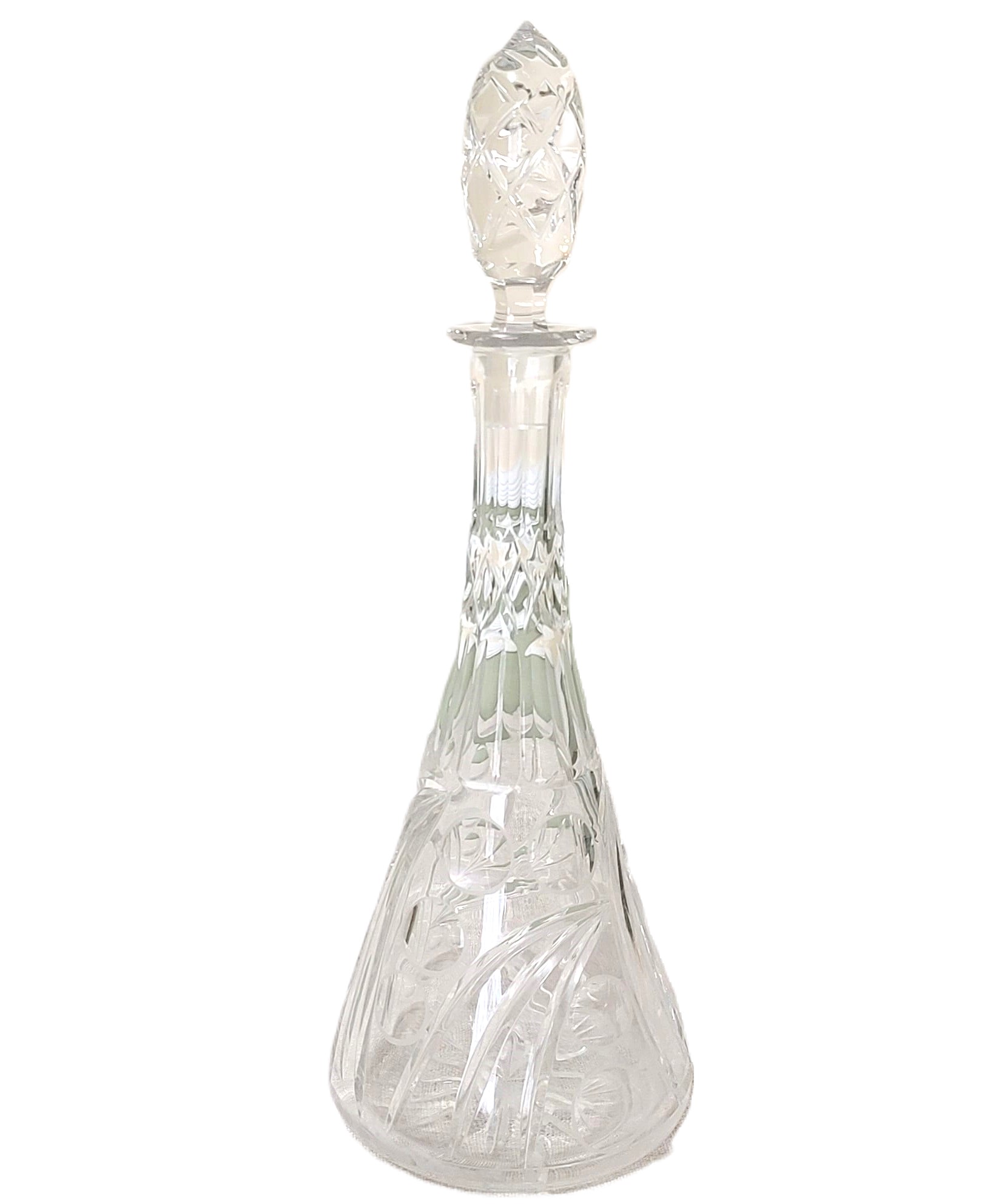 Lead Crystal Etched Cut Liquor Decanter Large 15" tall - Click Image to Close