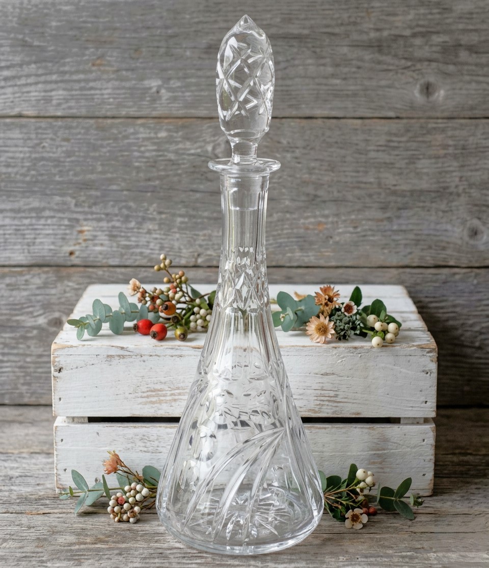 Lead Crystal Etched Cut Liquor Decanter Large 15" tall