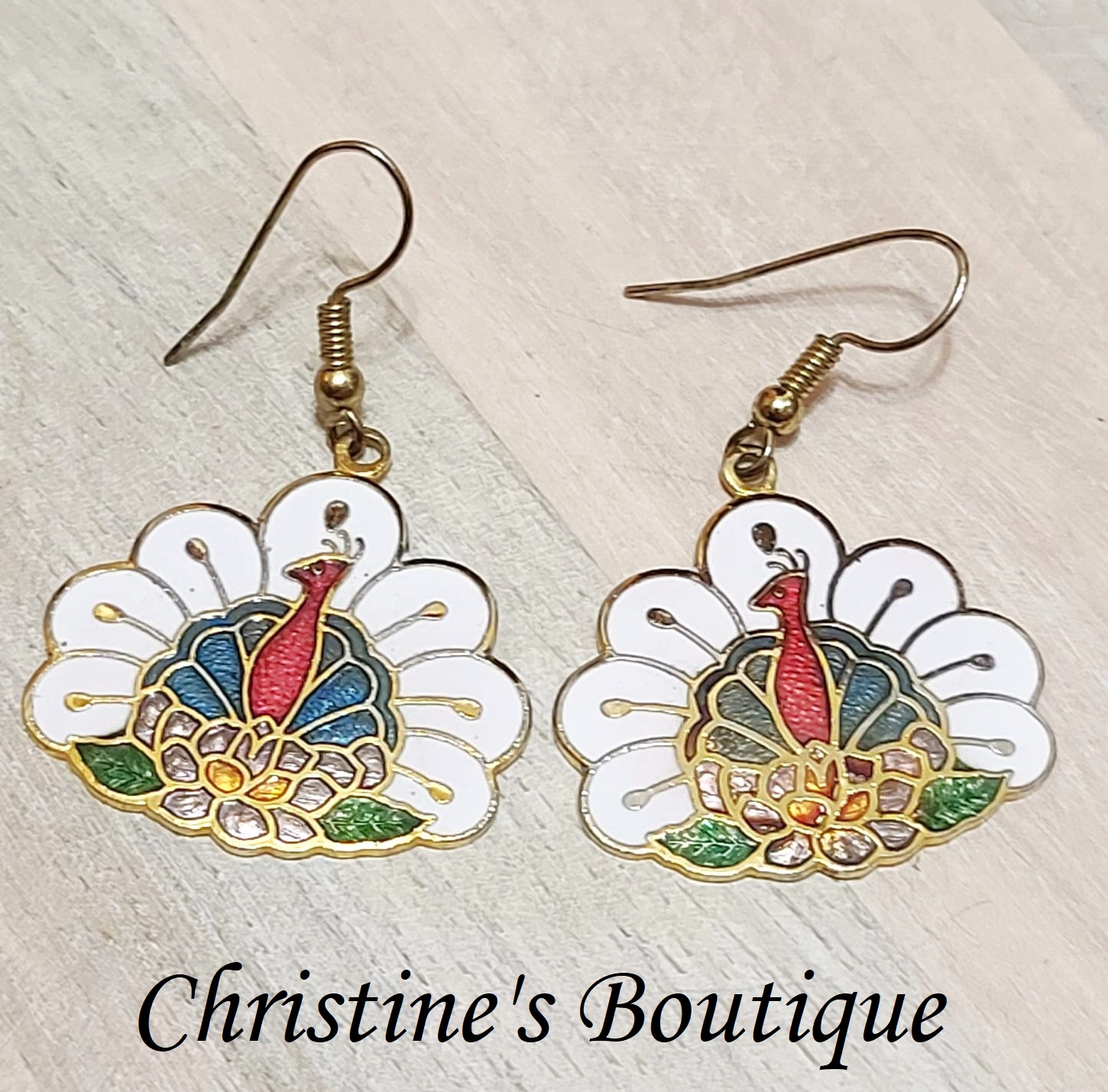 Cloisonne peacock earrings, vintage,pierced,wirebacks