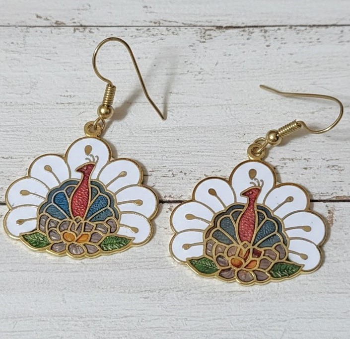 Cloisonne peacock earrings, vintage,pierced