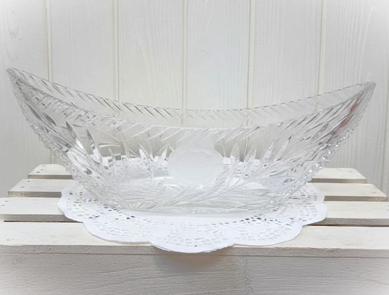 Lead Crystal Etched Cut Rose Pattern Boat Dish Large 15.5 x 5 Lead Crystal Etched Cut Rose Pattern Boat Dish Large 15.5 x 5