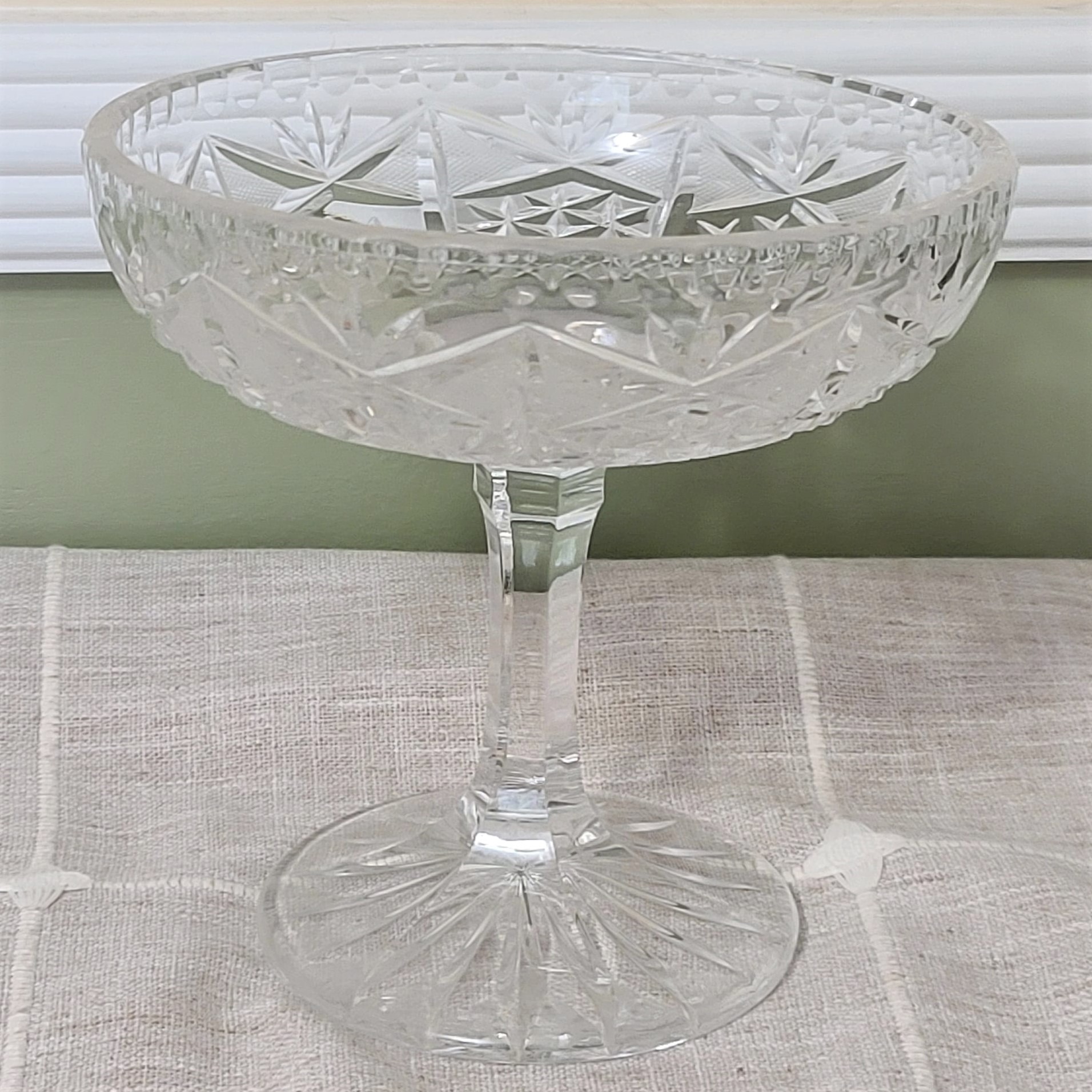 Lead Crystal Etched Cut Open Pedestal Candy Dish - Click Image to Close