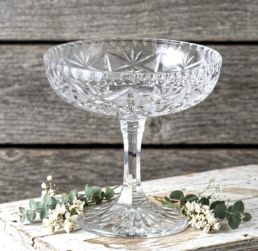 Lead Crystal Etched Cut Open Pedestal Candy Dish