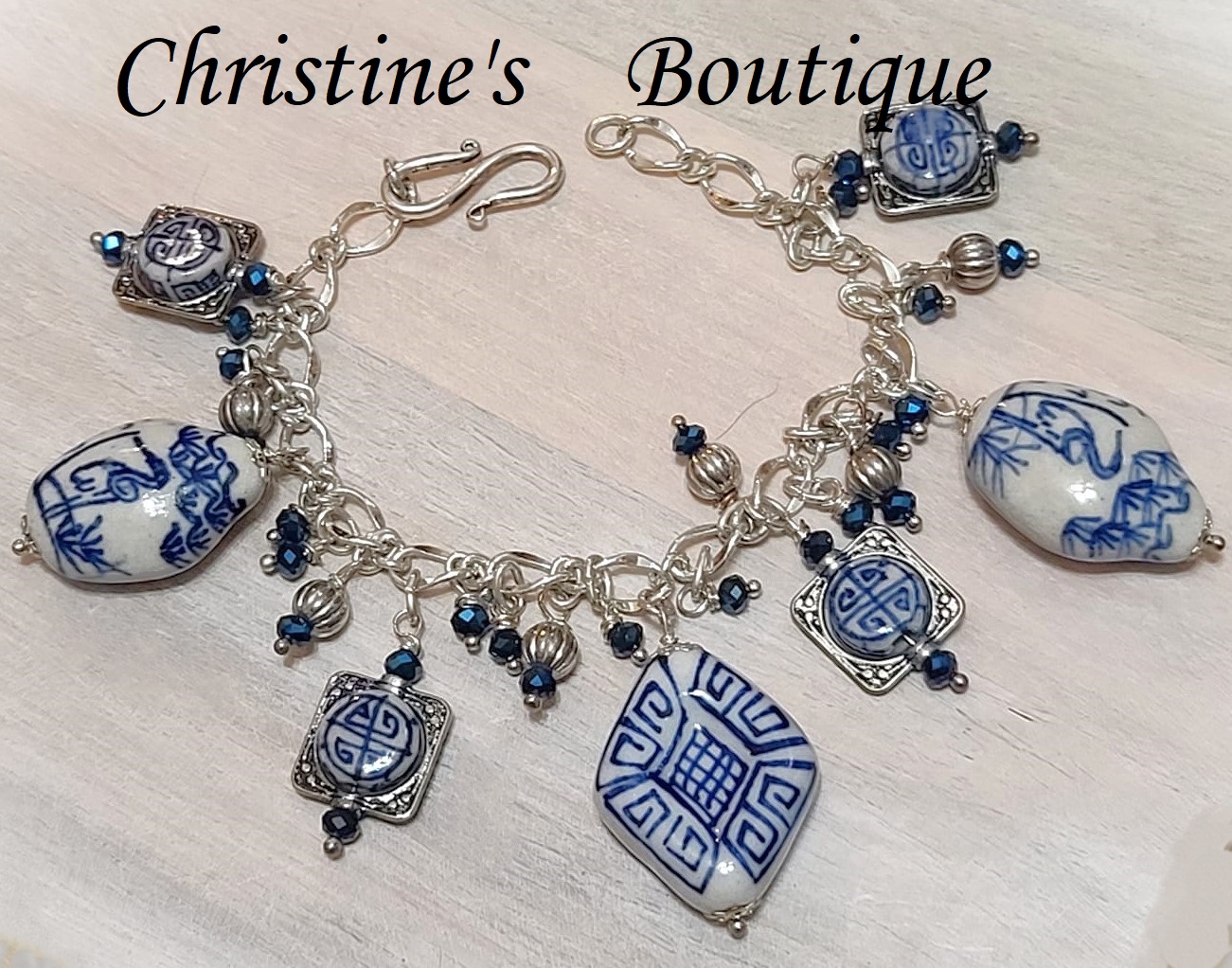Asian Blue Pottery Bead and Crystal Hand Crafted Bracelet - Click Image to Close