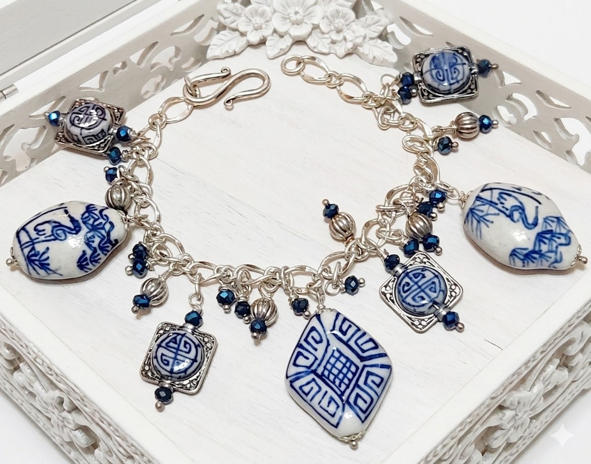 Asian Blue Pottery Bead and Crystal Hand Crafted Bracelet