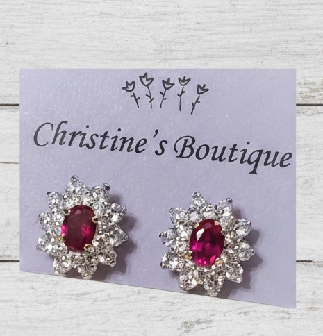 Red and White Cubic Zirconia Stud Earrings - Pierced