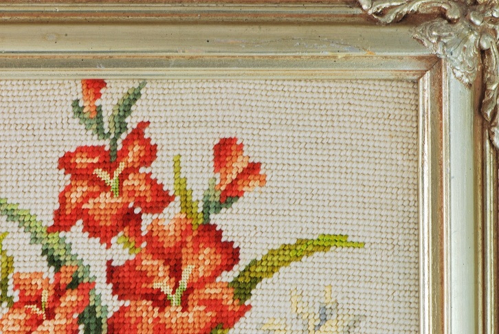 Handmade Vintage Floral Needlepoint Framed 17" x 14"