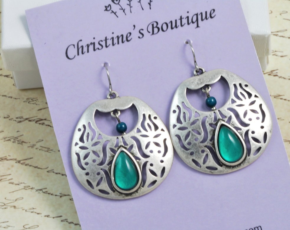 Oxidized Filigree and Green Jelly Belly Stone Earrings