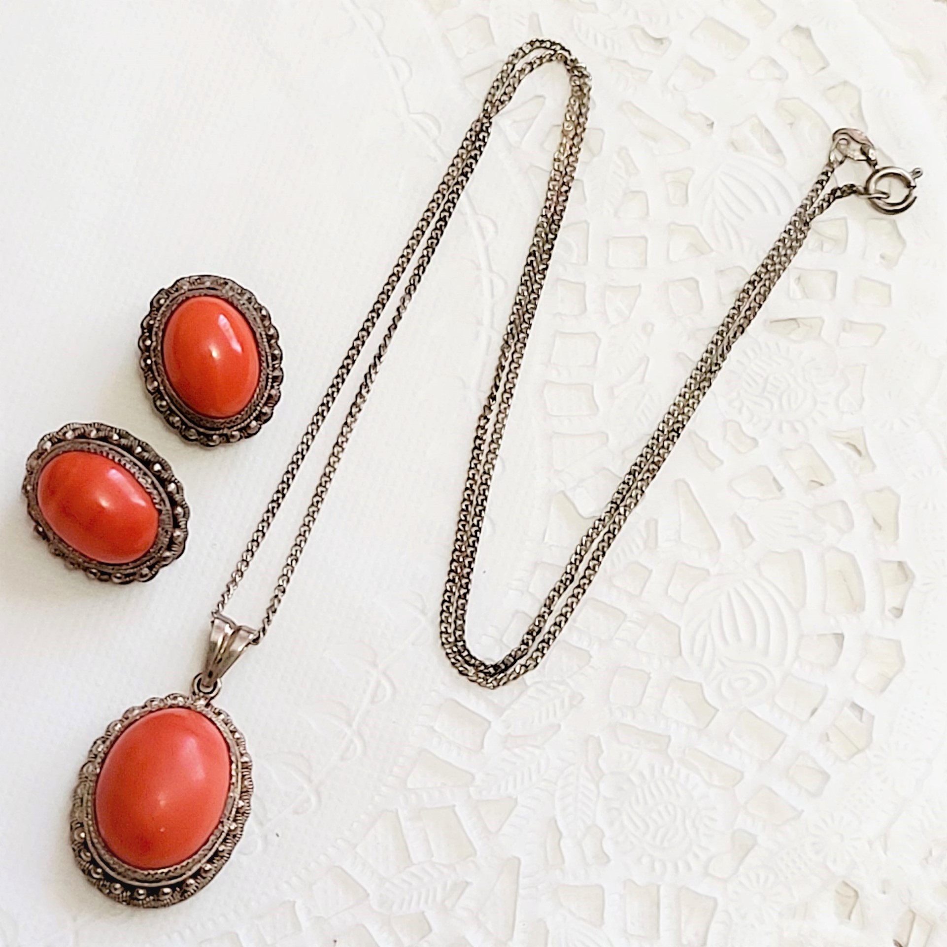 Coral and Sterling Silver Pendant Necklace & Earrings Set