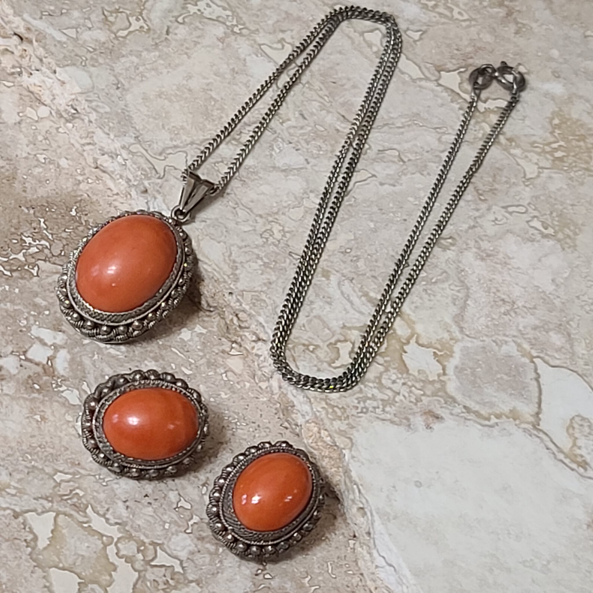 Coral and Sterling Silver Pendant Necklace & Earrings Set