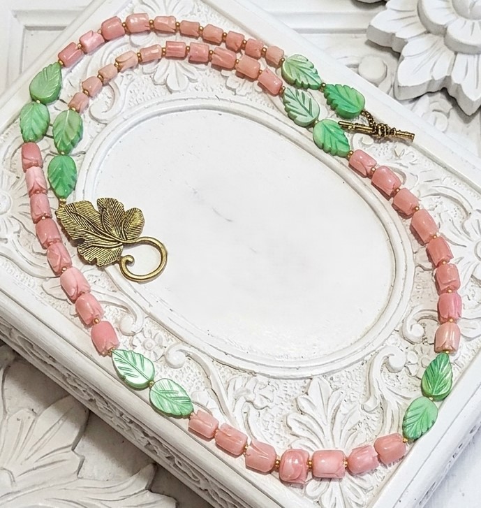 Carved coral necklace, tulip shaped coral, dyed shell leaves
