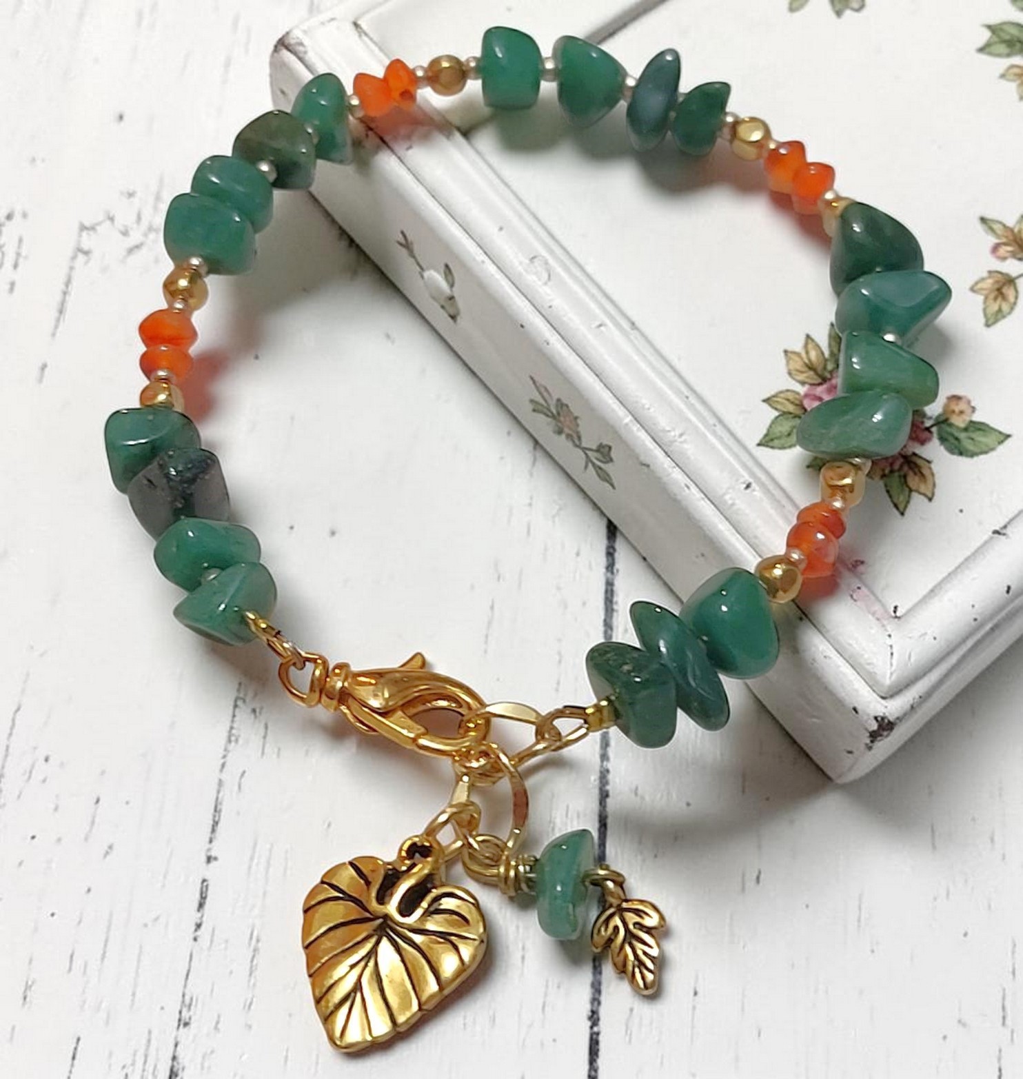 Gemstone bracelet with carnelian & jade gemstone, leaf charms
