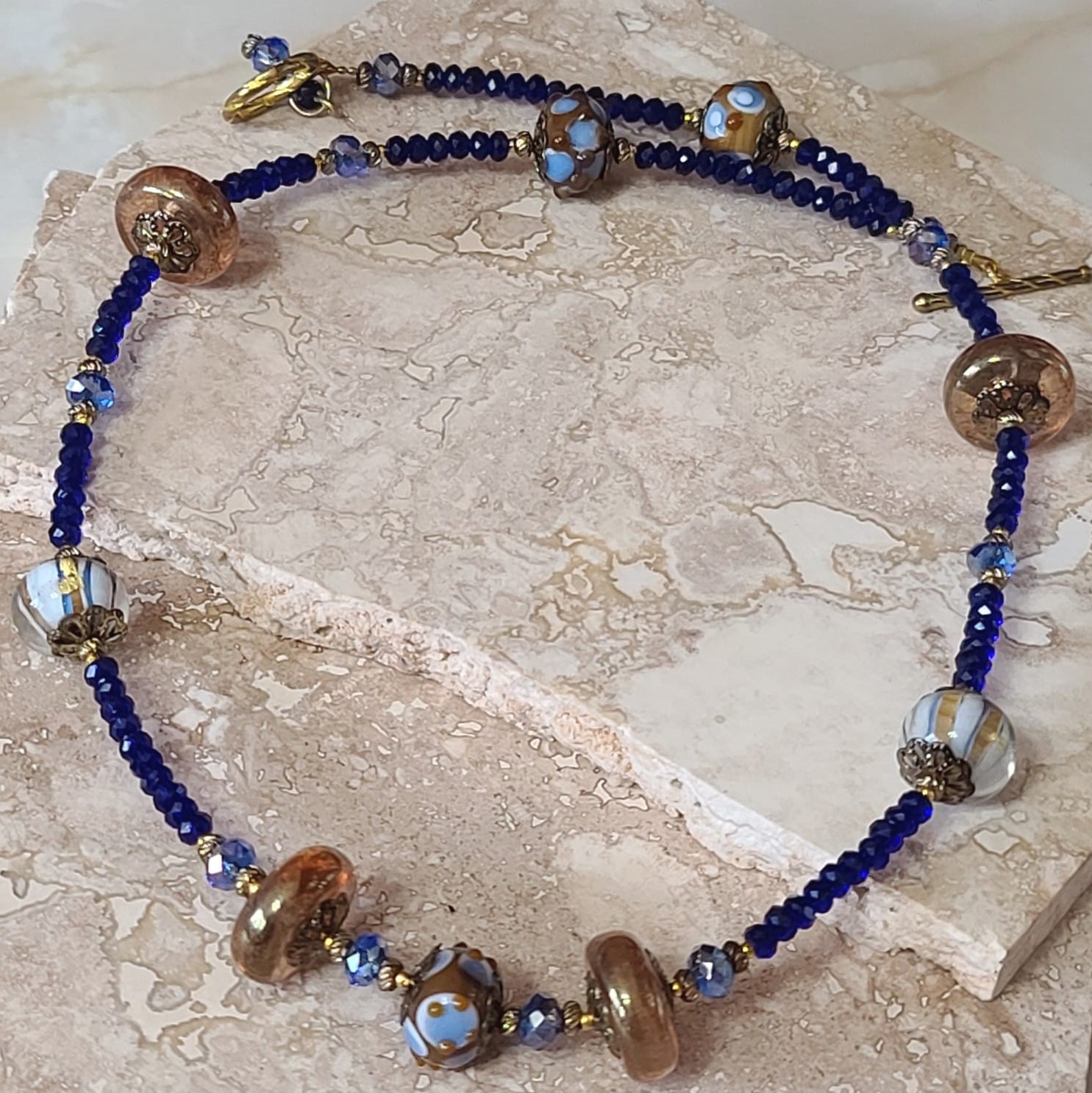 Hand Crafted Lampwork Blue & Brown Glass Bead Necklace